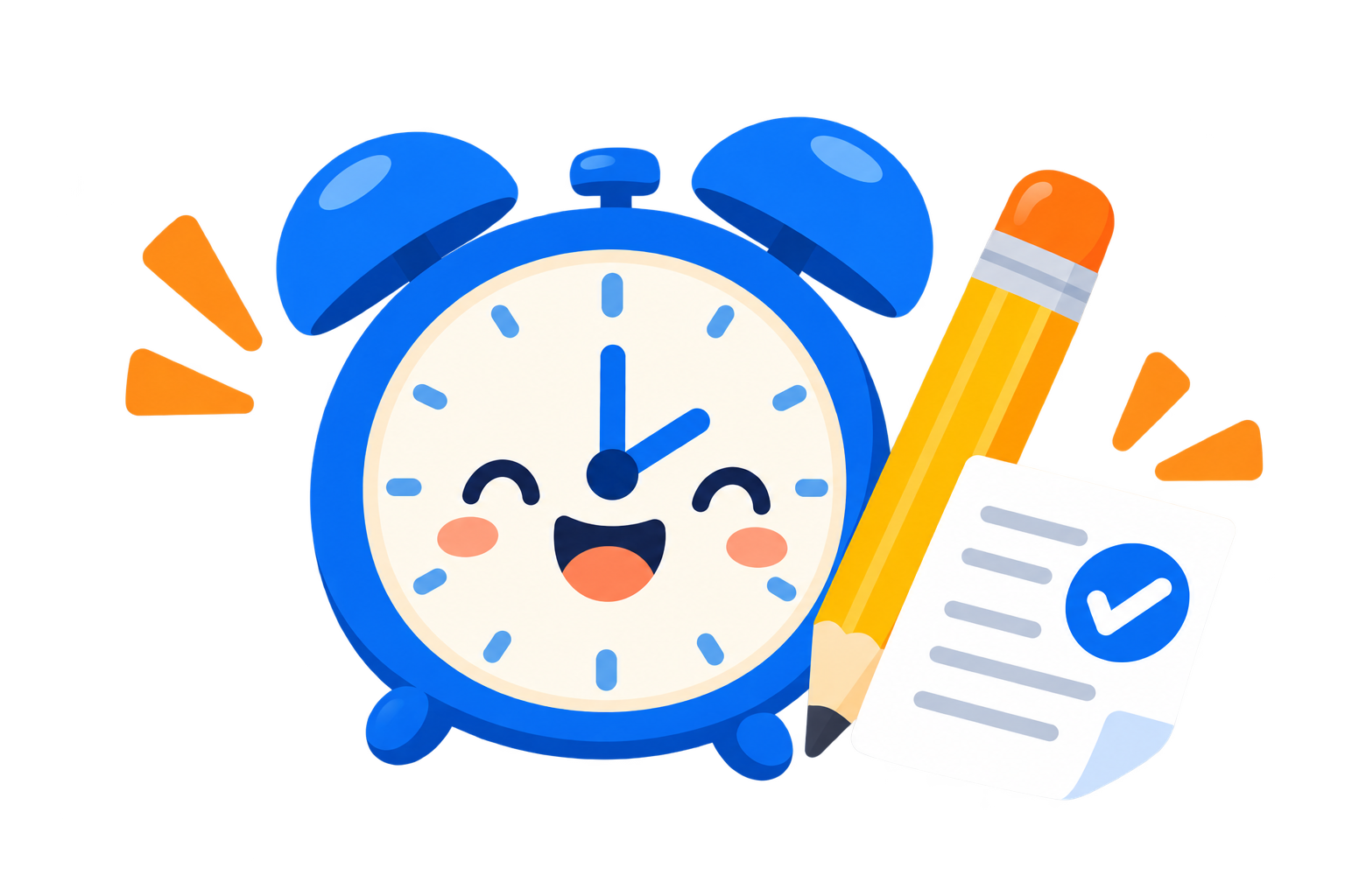時計と鉛筆とテスト用紙のイラスト